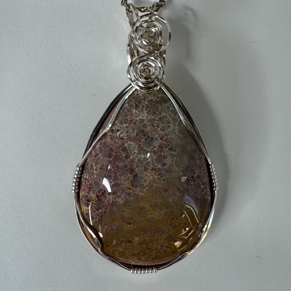 Chrysanthemum Fossil Coral Wire Wrapped Artisan Pendant OOAK 3” x 1.5 “